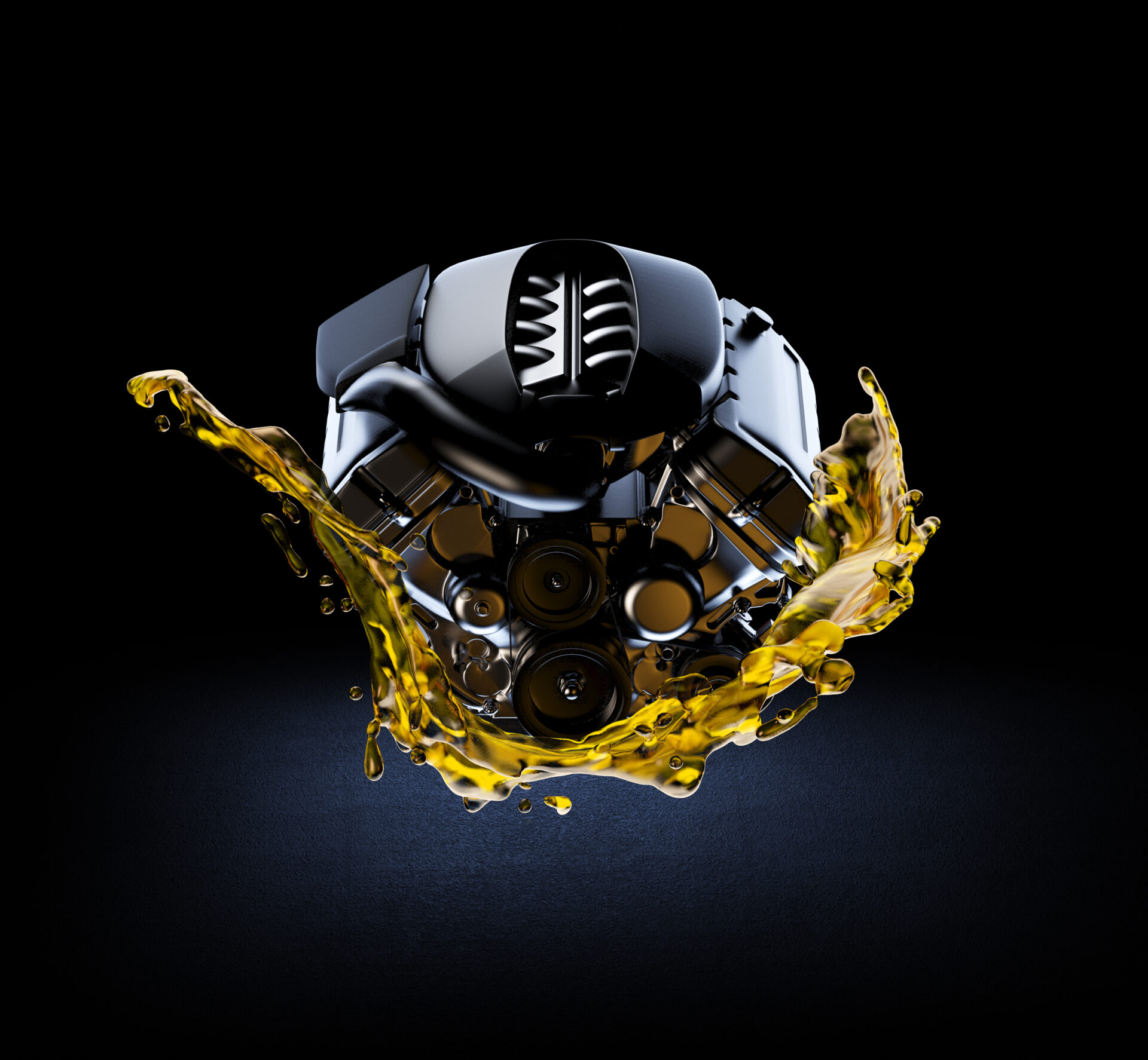 3D illustration of car engine with lubricant oil on repairing